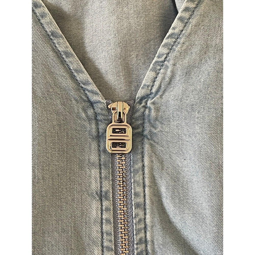 DKNY Front Zip Peplum Chambray Top Womens S Blue Puff Sleeve Lyocell Blouse - Picture 15 of 16